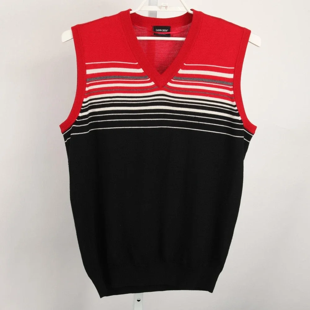 Galvin Green Sweater Vest Mens XL Red Black Stripe Knit Wool Golf Pullover - Picture 2 of 11